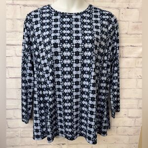 J. Jill‎ 2X Fit Long Crew Neck Tee Tie Dye Shirt Top Blue White Stretchy Comfort